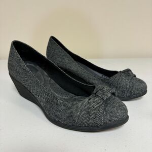 Dexflex Comfort Wedge Pumps Shoes Women's 10 Heels Black Gray Herringbone Work